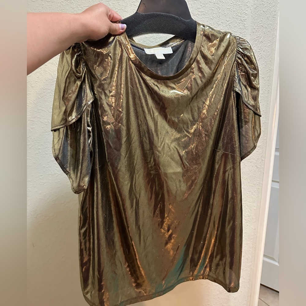 MK Gold Metallic Blouse with Puff Sleeve Detailing